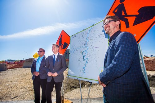 MIKAELA MACKENZIE / WINNIPEG FREE 
Director of public works Jim Berezowsky (left), mayor Brian Bowman, and councillor Matt Allard pose by a map outlining 2019 City of Winnipeg construction projects after a press conference announcing a road construction working group in Winnipeg on Monday, May 27, 2019.  For Ryan Thorpe story.
Winnipeg Free Press 2019.