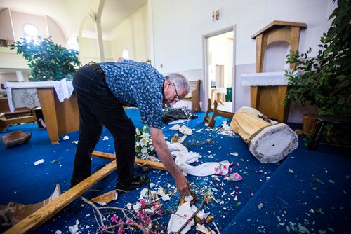 MIKAELA MACKENZIE / WINNIPEG FREE 
Eugene Bernardin points out the smashed sculptures and vandalized altar at St. Francois Xavier Catholic Church in the small town west of Winnipeg on Monday, May 27, 2019.  For Bill Redekop story.
Winnipeg Free Press 2019.