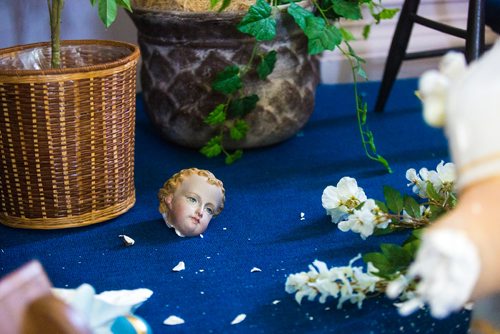 MIKAELA MACKENZIE / WINNIPEG FREE 
The head from a statue of the baby Jesus being held by Joseph on the vandalized altar at St. Francois Xavier Catholic Church in the small town west of Winnipeg on Monday, May 27, 2019.  For Bill Redekop story.
Winnipeg Free Press 2019.