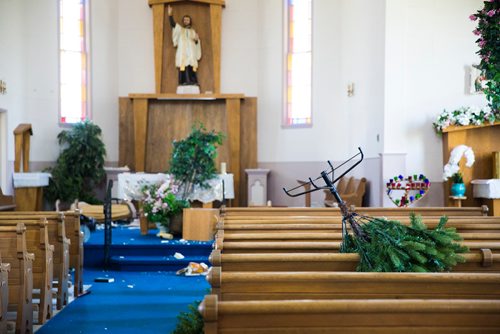 MIKAELA MACKENZIE / WINNIPEG FREE 
A Christmas tree thrown into the pews from the storage area in the vandalized St. Francois Xavier Catholic Church in the small town west of Winnipeg on Monday, May 27, 2019.  For Bill Redekop story.
Winnipeg Free Press 2019.