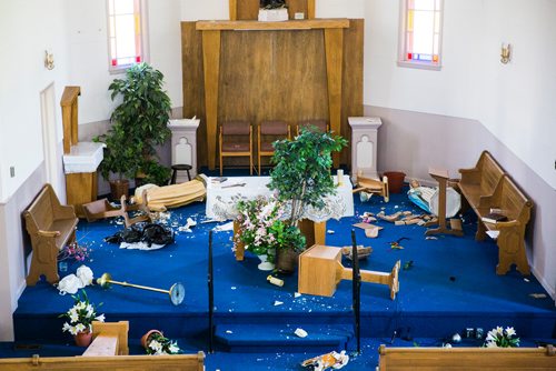 MIKAELA MACKENZIE / WINNIPEG FREE 
The vandalized St. Francois Xavier Catholic Church in the small town west of Winnipeg on Monday, May 27, 2019.  For Bill Redekop story.
Winnipeg Free Press 2019.