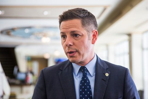 MIKAELA MACKENZIE / WINNIPEG FREE 
Mayor Brian Bowman scrums with the media about the planning, zoning and permitting review (which he has not seen yet) in Winnipeg on Tuesday, May 28, 2019.  For Caitlyn Gowriluk story.
Winnipeg Free Press 2019.