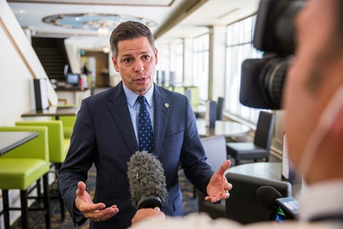 MIKAELA MACKENZIE / WINNIPEG FREE 
Mayor Brian Bowman scrums with the media about the planning, zoning and permitting review (which he has not seen yet) in Winnipeg on Tuesday, May 28, 2019.  For Caitlyn Gowriluk story.
Winnipeg Free Press 2019.