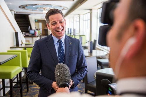 MIKAELA MACKENZIE / WINNIPEG FREE 
Mayor Brian Bowman scrums with the media about the planning, zoning and permitting review (which he has not seen yet) in Winnipeg on Tuesday, May 28, 2019.  For Caitlyn Gowriluk story.
Winnipeg Free Press 2019.