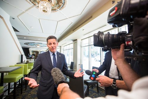 MIKAELA MACKENZIE / WINNIPEG FREE 
Mayor Brian Bowman scrums with the media about the planning, zoning and permitting review (which he has not seen yet) in Winnipeg on Tuesday, May 28, 2019.  For Caitlyn Gowriluk story.
Winnipeg Free Press 2019.