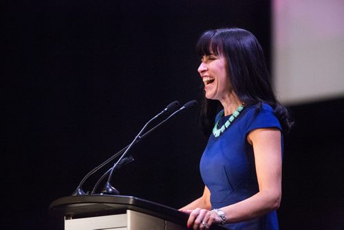 MIKAELA MACKENZIE / WINNIPEG FREE PRESS
Dayna Spiring, president and CEO of Economic Development Winnipeg Inc, speaks at the 2019 Winnipeg Tourism Awards of Distinction at the Metropolitan Entertainment Centre in Winnipeg on Tuesday, May 28, 2019.  For Caitlyn Gowriluk story.
Winnipeg Free Press 2019.