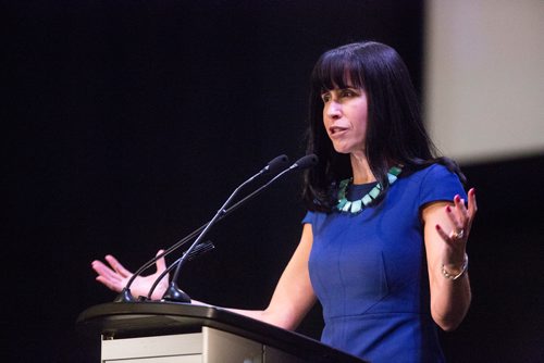 MIKAELA MACKENZIE / WINNIPEG FREE PRESS
Dayna Spiring, president and CEO of Economic Development Winnipeg Inc, speaks at the 2019 Winnipeg Tourism Awards of Distinction at the Metropolitan Entertainment Centre in Winnipeg on Tuesday, May 28, 2019.  For Caitlyn Gowriluk story.
Winnipeg Free Press 2019.