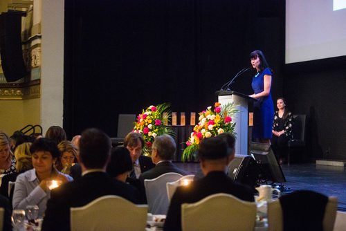 MIKAELA MACKENZIE / WINNIPEG FREE PRESS
Dayna Spiring, president and CEO of Economic Development Winnipeg Inc, speaks at the 2019 Winnipeg Tourism Awards of Distinction at the Metropolitan Entertainment Centre in Winnipeg on Tuesday, May 28, 2019.  For Caitlyn Gowriluk story.
Winnipeg Free Press 2019.