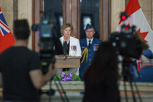 MIKE DEAL / WINNIPEG FREE PRESS
Lt.-Gov. Janice Filmon speaks during the ceremony.
Lt.-Gov. Janice Filmon, Premier Brian Pallister, Brig.-Gen. Sean Boyle, deputy commander, 1st Canadian Air Division, Royal Canadian Air Force, and MLA Jon Reyes, special envoy for military affairs, were on hand in the Rotunda of the Manitoba Legislative Building to commemorate the D-Day 75th anniversary which will be on June 6.
190528 - Tuesday, May 28, 2019.