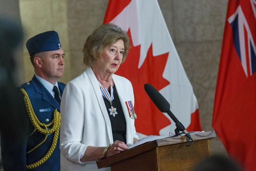 MIKE DEAL / WINNIPEG FREE PRESS
Lt.-Gov. Janice Filmon speaks during the ceremony.
Lt.-Gov. Janice Filmon, Premier Brian Pallister, Brig.-Gen. Sean Boyle, deputy commander, 1st Canadian Air Division, Royal Canadian Air Force, and MLA Jon Reyes, special envoy for military affairs, were on hand in the Rotunda of the Manitoba Legislative Building to commemorate the D-Day 75th anniversary which will be on June 6.
190528 - Tuesday, May 28, 2019.