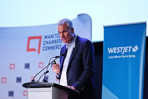 MIKE DEAL / WINNIPEG FREE PRESS
WestJet Executive Vice-President, Finance, and Chief Financial Officer Harry Taylor speaking to Manitoba Chamber of Commerce about WestJet investments in Manitoba during a breakfast at the Metropolitan Event Centre Wednesday morning. 
190528 - Wednesday, May 28, 2019