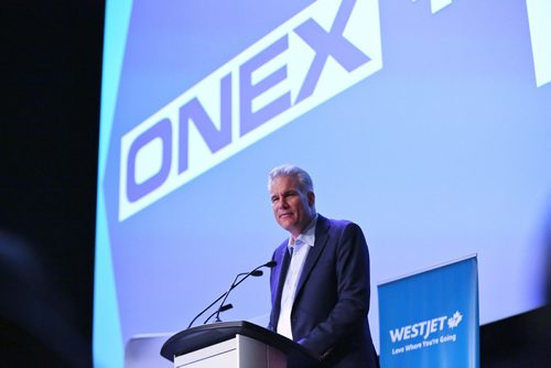MIKE DEAL / WINNIPEG FREE PRESS
WestJet Executive Vice-President, Finance, and Chief Financial Officer Harry Taylor speaking to Manitoba Chamber of Commerce about WestJet investments in Manitoba during a breakfast at the Metropolitan Event Centre Wednesday morning. 
190528 - Wednesday, May 28, 2019