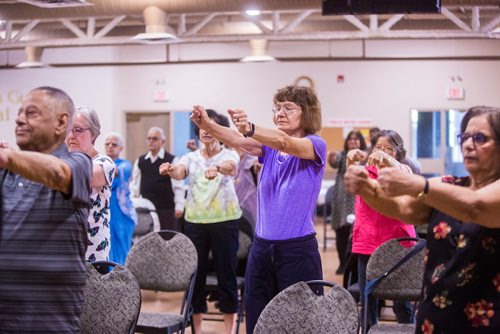 MIKAELA MACKENZIE / WINNIPEG FREE PRESS
Zdenka Melnyk participates in the Sharing Circle of Wellness class, where seniors meet weekly for yoga, wellness topics, and lunch, at the Hindu Temple on St. Anne's Road in Winnipeg on Tuesday, May 28, 2019.  For Brenda Suderman story.
Winnipeg Free Press 2019.