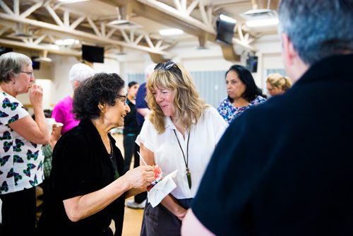 MIKAELA MACKENZIE / WINNIPEG FREE PRESS
Devi Sud (left) and Shari Johnston chat at the Sharing Circle of Wellness class, where seniors meet weekly for yoga, wellness topics, and lunch, at the Hindu Temple on St. Anne's Road in Winnipeg on Tuesday, May 28, 2019.  For Brenda Suderman story.
Winnipeg Free Press 2019.