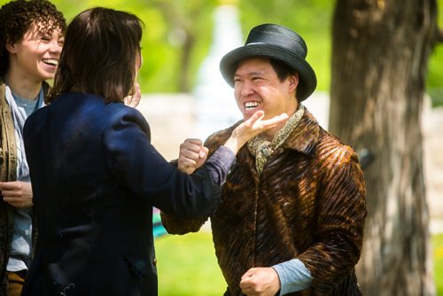 MIKAELA MACKENZIE / WINNIPEG FREE PRESS
Daniel Chen (playing Rosencrantz, right) and Heather Russel-Smith (playing Hamlet) act out a scene at a preview of Shakespeare in the Ruins at the Trappist Monastery Provincial Heritage Park in Winnipeg on Tuesday, May 28, 2019.  
Winnipeg Free Press 2019.