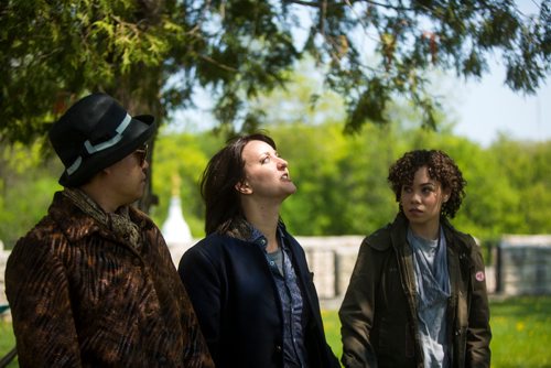 MIKAELA MACKENZIE / WINNIPEG FREE PRESS
Daniel Chen (playing Rosencrantz, left), Heather Russel-Smith (playing Hamlet), and Melissa Langdon (playing Guildenstern) act out a scene at a preview of Shakespeare in the Ruins at the Trappist Monastery Provincial Heritage Park in Winnipeg on Wednesday, May 29, 2019.  
Winnipeg Free Press 2019.