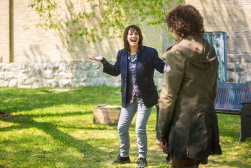 MIKAELA MACKENZIE / WINNIPEG FREE PRESS
Heather Russel-Smith (playing Hamlet) acts out a scene with Melissa Langdon (playing Guildenstern), and Daniel Chen (playing Rosencrantz) at a preview of Shakespeare in the Ruins at the Trappist Monastery Provincial Heritage Park in Winnipeg on Wednesday, May 29, 2019.  
Winnipeg Free Press 2019.