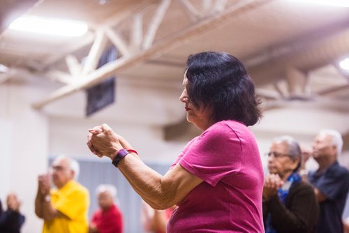 MIKAELA MACKENZIE / WINNIPEG FREE PRESS
Rayesh Misra does yoga at the Sharing Circle of Wellness class, where seniors meet weekly for yoga, wellness topics, and lunch, at the Hindu Temple on St. Anne's Road in Winnipeg on Wednesday, May 29, 2019.  For Brenda Suderman story.
Winnipeg Free Press 2019.