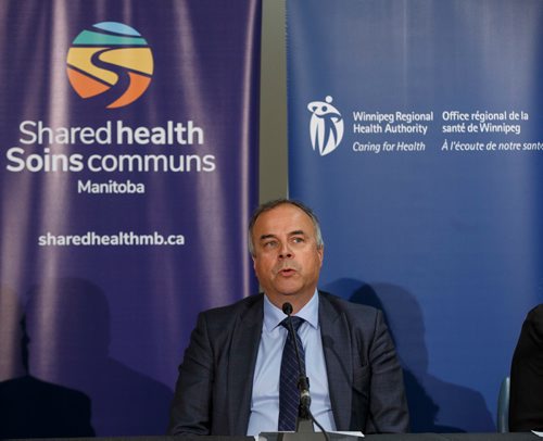 MIKE DEAL / WINNIPEG FREE PRESS
Réal Cloutier, president and chief executive officer, WRHA along with other representatives from the Winnipeg Regional Health Authority, Shared Health and the Concordia Hospital announce that the Concordia Hospitals emergency department will be converted to an urgent care centre June 3, about three weeks earlier than initially planned. 
190529 - Wednesday, May 29, 2019.