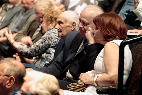 PHIL HOSSACK / WINNIPEG FREE PRESS -  MTC Artistic Director Steven Schipper's wife Terri Cherniak, kisses his hand before the house lights go down Wednesday at his Gala Farewell at the Royal Manitoba Theatre Centre. See story. - May 29, 2019, 2019.