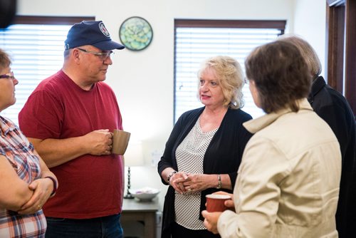 MIKAELA MACKENZIE / WINNIPEG FREE PRESS
David Barrett talks to Wilma Derksen before a victim support services funding announcement at Candace House in Winnipeg on Thursday, May 30, 2019.  For Katie May story.
Winnipeg Free Press 2019.