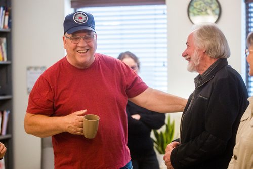 MIKAELA MACKENZIE / WINNIPEG FREE PRESS
David Barrett (left) talks to Cliff Derksen before a victim support services funding announcement at Candace House in Winnipeg on Thursday, May 30, 2019.  For Katie May story.
Winnipeg Free Press 2019.