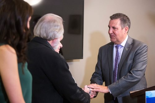 MIKAELA MACKENZIE / WINNIPEG FREE PRESS
Justice Minister Cliff Cullen shakes Wilma Derksen's hand at a victim support services funding announcement at Candace House in Winnipeg on Thursday, May 30, 2019.  For Katie May story.
Winnipeg Free Press 2019.