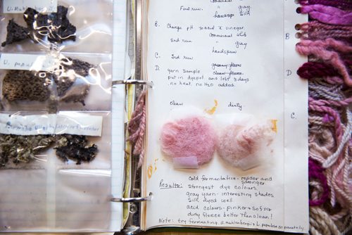 MIKAELA MACKENZIE / WINNIPEG FREE PRESS
A binder showing lichen-dyed wool samples  that Margaret Ferguson researched on display at the Manitoba Crafts Museum and Library in Winnipeg on Thursday, May 30, 2019.  The binder is part of a museum exhibit called the Women of the Manitoba Crafts Guild that runs now through to December. For Carol Sanders story.
Winnipeg Free Press 2019.