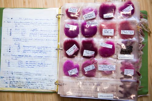 MIKAELA MACKENZIE / WINNIPEG FREE PRESS
A binder showing lichen-dyed wool samples  that Margaret Ferguson researched on display at the Manitoba Crafts Museum and Library in Winnipeg on Thursday, May 30, 2019.  The binder is part of a museum exhibit called the Women of the Manitoba Crafts Guild that runs now through to December. For Carol Sanders story.
Winnipeg Free Press 2019.