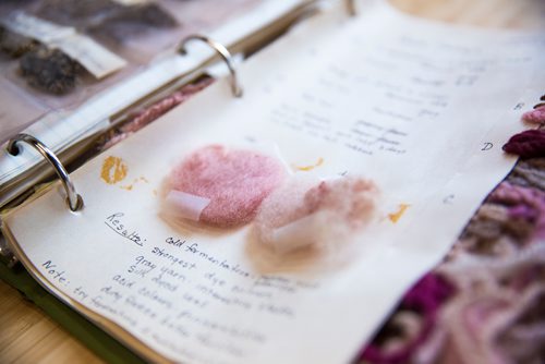 MIKAELA MACKENZIE / WINNIPEG FREE PRESS
A binder showing lichen-dyed wool samples  that Margaret Ferguson researched on display at the Manitoba Crafts Museum and Library in Winnipeg on Thursday, May 30, 2019.  The binder is part of a museum exhibit called the Women of the Manitoba Crafts Guild that runs now through to December. For Carol Sanders story.
Winnipeg Free Press 2019.