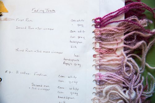 MIKAELA MACKENZIE / WINNIPEG FREE PRESS
A binder showing lichen-dyed wool samples  that Margaret Ferguson researched on display at the Manitoba Crafts Museum and Library in Winnipeg on Thursday, May 30, 2019.  The binder is part of a museum exhibit called the Women of the Manitoba Crafts Guild that runs now through to December. For Carol Sanders story.
Winnipeg Free Press 2019.