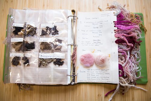MIKAELA MACKENZIE / WINNIPEG FREE PRESS
A binder showing lichen-dyed wool samples that Margaret Ferguson researched on display at the Manitoba Crafts Museum and Library in Winnipeg on Thursday, May 30, 2019. The binder is part of a museum exhibit called the Women of the Manitoba Crafts Guild that runs now through to December. For Carol Sanders story.
Winnipeg Free Press 2019.