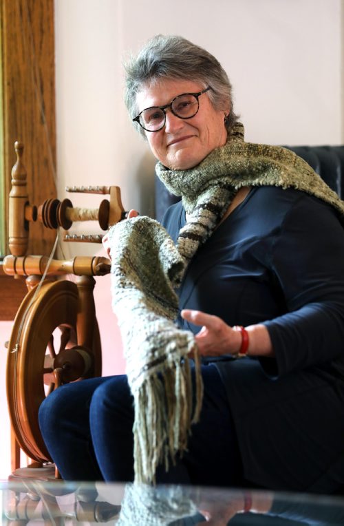 RUTH BONNEVILLE /  WINNIPEG FREE PRESS 

PASSAGES


Portrait of Lyn Ferguson  wearing scarf made of wool that her mother, the late Margaret Ferguson, spun, dyed and wove, and pix of Margarets spinning wheel with spindle of wool that she dyed.

Carol Sanders  | Reporter

May 30, 2019

