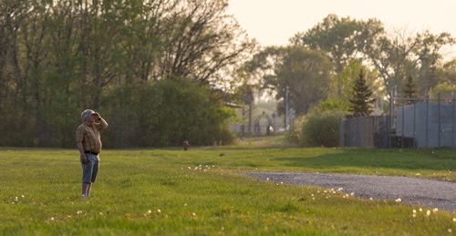 SASHA SEFTER / WINNIPEG FREE PRESS
Byron Unger stops for a moment while walking the Yellow Ribbon Trail in St. James to watch a plane take off into the sunset from the James Armstrong Richardson International Airport.

190530 - Thursday, May 30, 2019.