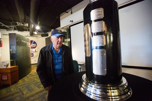 MIKAELA MACKENZIE / WINNIPEG FREE PRESS
Steve West, player on the 1979 Jets team, looks at memorabilia at the Manitoba Sports Hall of Fame, celebrating the 40th anniversary of their Avco Cup championship, in Winnipeg on Friday, May 31, 2019.   For Taylor Allen story.
Winnipeg Free Press 2019.