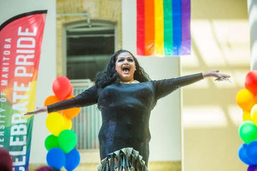 MIKAELA MACKENZIE / WINNIPEG FREE PRESS
Feather Talia performs at a drag show at the University of Manitoba Brodie Atrium in Winnipeg on Friday, May 31, 2019.   Standup.
Winnipeg Free Press 2019.