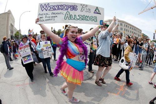 JOHN WOODS / WINNIPEG FREE PRESS
Cassidy Allison from Winnipeg As Alliance gets her message out at Pride parade in Winnipeg Sunday, June 2, 2019.

Reporter: