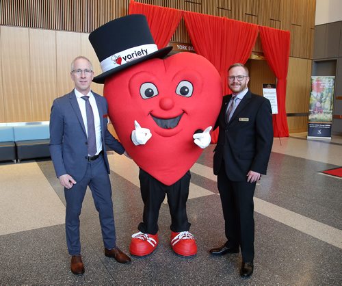 JASON HALSTEAD / WINNIPEG FREE PRESS

Variety board members Peter MacKenzie (left) and Dustin Ready with Variety mascot Heartly at the 2019 Gold Heart Gala hosted by Variety, the Childrens Charity of Manitoba, on May 4, 2019 at the RBC Convention Centre Winnipeg. (See Social Page)
