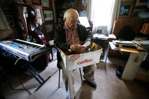 JOHN WOODS / WINNIPEG FREE PRESS
Len Van Roon, D-Day veteran, is photographed in his Charleswood home Wednesday, May 29, 2019 as he looks as some of the 1100 letters that he wrote during his 4 year service to his girlfriend and future wife Verna. 

Reporter: Kevin Rollason