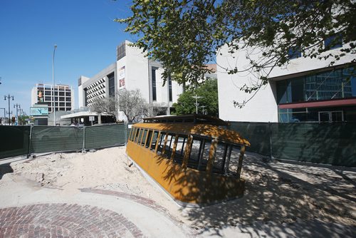 JOHN WOODS / WINNIPEG FREE PRESS
A streetcar sculpture to commemorate the 1919 General Strike is being installed at the corner of Market and Main in Winnipeg Tuesday, June 3, 2019.

Reporter: standup