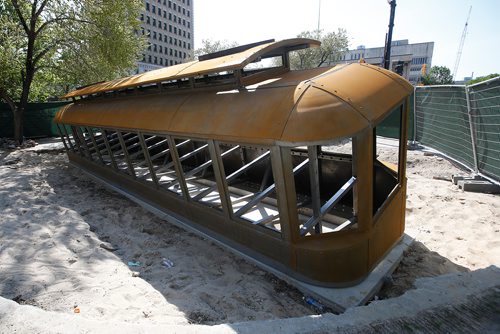 JOHN WOODS / WINNIPEG FREE PRESS
A streetcar sculpture to commemorate the 1919 General Strike is being installed at the corner of Market and Main in Winnipeg Tuesday, June 3, 2019.

Reporter: standup