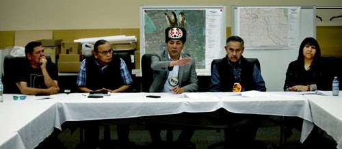 PHIL HOSSACK / WINNIPEG FREE PRESS - left to right, Chief Lance Roulette (Sandy Bay), Councillor Terry Neson (Roseau River), Chief Dennis Meeches (Long Plain) Chief Derrick Henderson (Sagkeen) and Chief Deborah Smith (Brokenhead) at a press conference re: Hydro Transmission Right of Way. Rollason's story.  - May1, 2019.