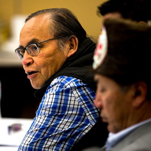 PHIL HOSSACK / WINNIPEG FREE PRESS - Councillor Terry Nelson representing Roseau River Anishinabe First Nation at a press conference Wednesday evening. See Kevin Rollason Story re Treaty One hrs Transmission lines. - June 5, 2019.