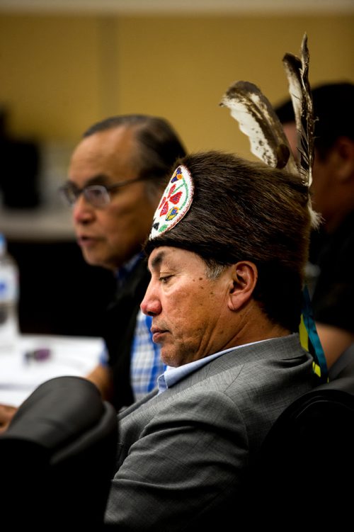 PHIL HOSSACK / WINNIPEG FREE PRESS - Long Plain First Nation Chief Dennis Meeches chairs a press conference Wednesday evening. See Kevin Rollason Story re Treaty One hrs Transmission lines. - June 5, 2019.