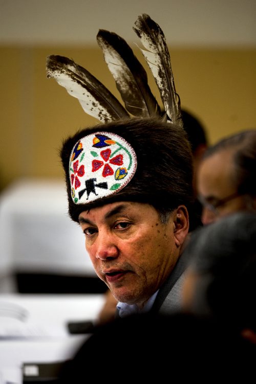 PHIL HOSSACK / WINNIPEG FREE PRESS - Long Plain First Nation Chief Dennis Meeches chairs a press conference Wednesday evening. See Kevin Rollason Story re Treaty One hrs Transmission lines. - June 5, 2019.