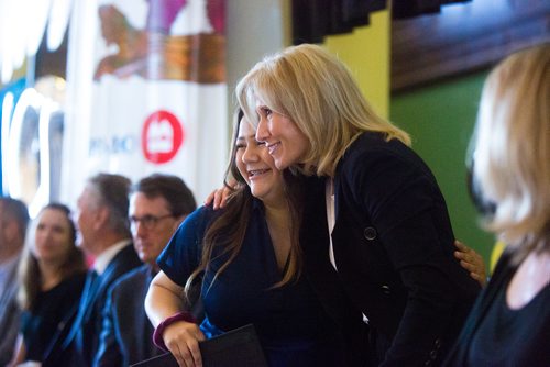 MIKAELA MACKENZIE / WINNIPEG FREE PRESS
Teisha Linklater, RBC Youth CEO, poses on stage with RBC regional president Kim Ulmer at the Youth CEO program kickoff at the Neeginan Centre in Winnipeg on Thursday, June 6, 2019. For Alex Paul story.  
Winnipeg Free Press 2019.