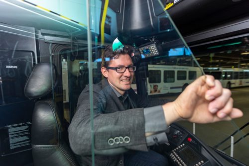 SASHA SEFTER / WINNIPEG FREE PRESS
Councillor Matt Allard, Chair of the Standing Policy Committee on Infrastructure Renewal and Public Works sits in a bus with a safety shield during a press conference to showcase newly-installed bus operator safety shields at the Winnipeg Transit Brandon Garage.
190606 - Thursday, June 06, 2019.