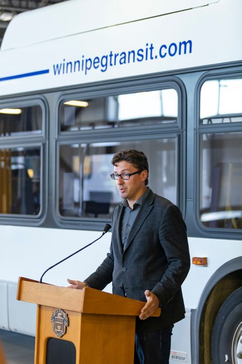 SASHA SEFTER / WINNIPEG FREE PRESS
Councillor Matt Allard, Chair of the Standing Policy Committee on Infrastructure Renewal and Public Works speaks to the media during a press conference to showcase newly-installed bus operator safety shields at the Winnipeg Transit Brandon Garage.
190606 - Thursday, June 06, 2019.