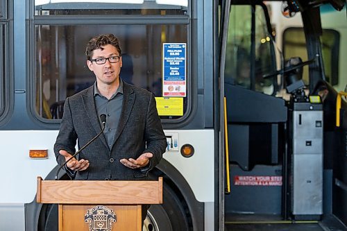 SASHA SEFTER / WINNIPEG FREE PRESS
Councillor Matt Allard, Chair of the Standing Policy Committee on Infrastructure Renewal and Public Works speaks to the media during a press conference to showcase newly-installed bus operator safety shields at the Winnipeg Transit Brandon Garage.
190606 - Thursday, June 06, 2019.