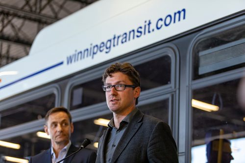 SASHA SEFTER / WINNIPEG FREE PRESS
Manager of Operations for Winnipeg Transit Randy Tonnellier (left) and Councillor Matt Allard, Chair of the Standing Policy Committee on Infrastructure Renewal and Public Works speak to the media during a press conference to showcase newly-installed bus operator safety shields at the Winnipeg Transit Brandon Garage.
190606 - Thursday, June 06, 2019.